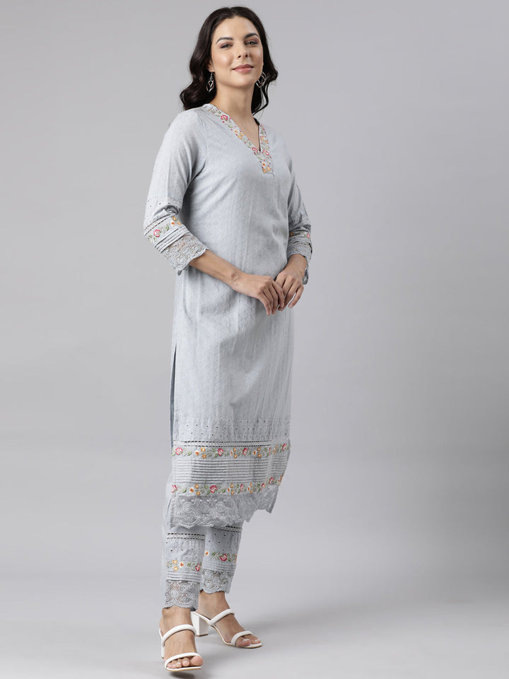 Neerus Grey cotton panelled suit set with dupatta - side view