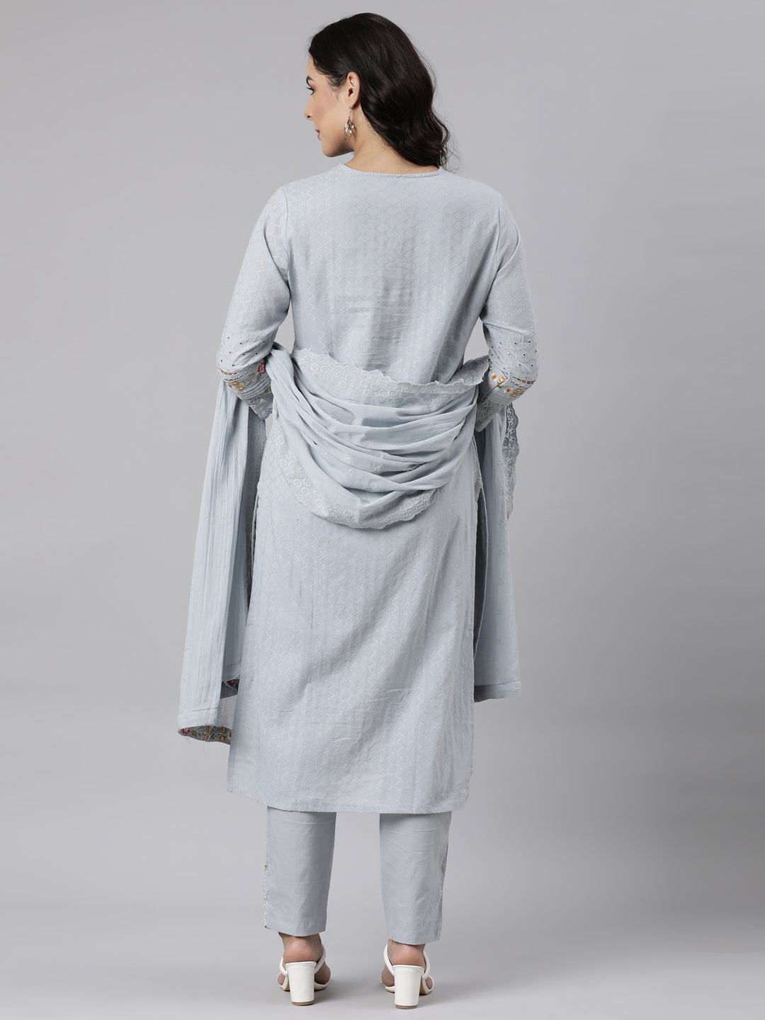 Neerus Grey cotton panelled suit set with dupatta - detail view 1