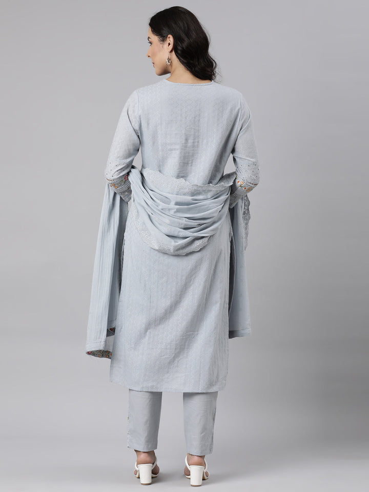 Neerus Grey cotton panelled suit set with dupatta - detail view 1