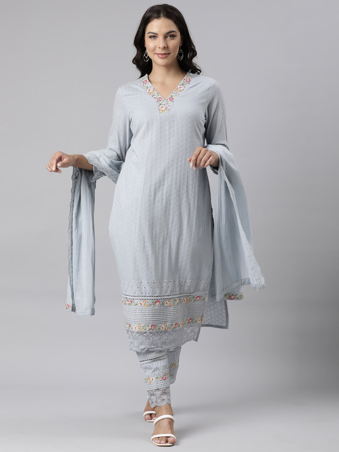 Neerus Grey cotton panelled suit set with dupatta - detail view 3