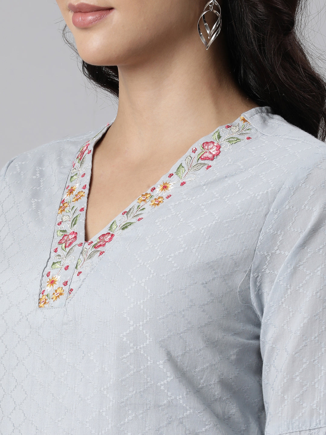 Neerus Grey cotton panelled suit set with dupatta - detail view 2