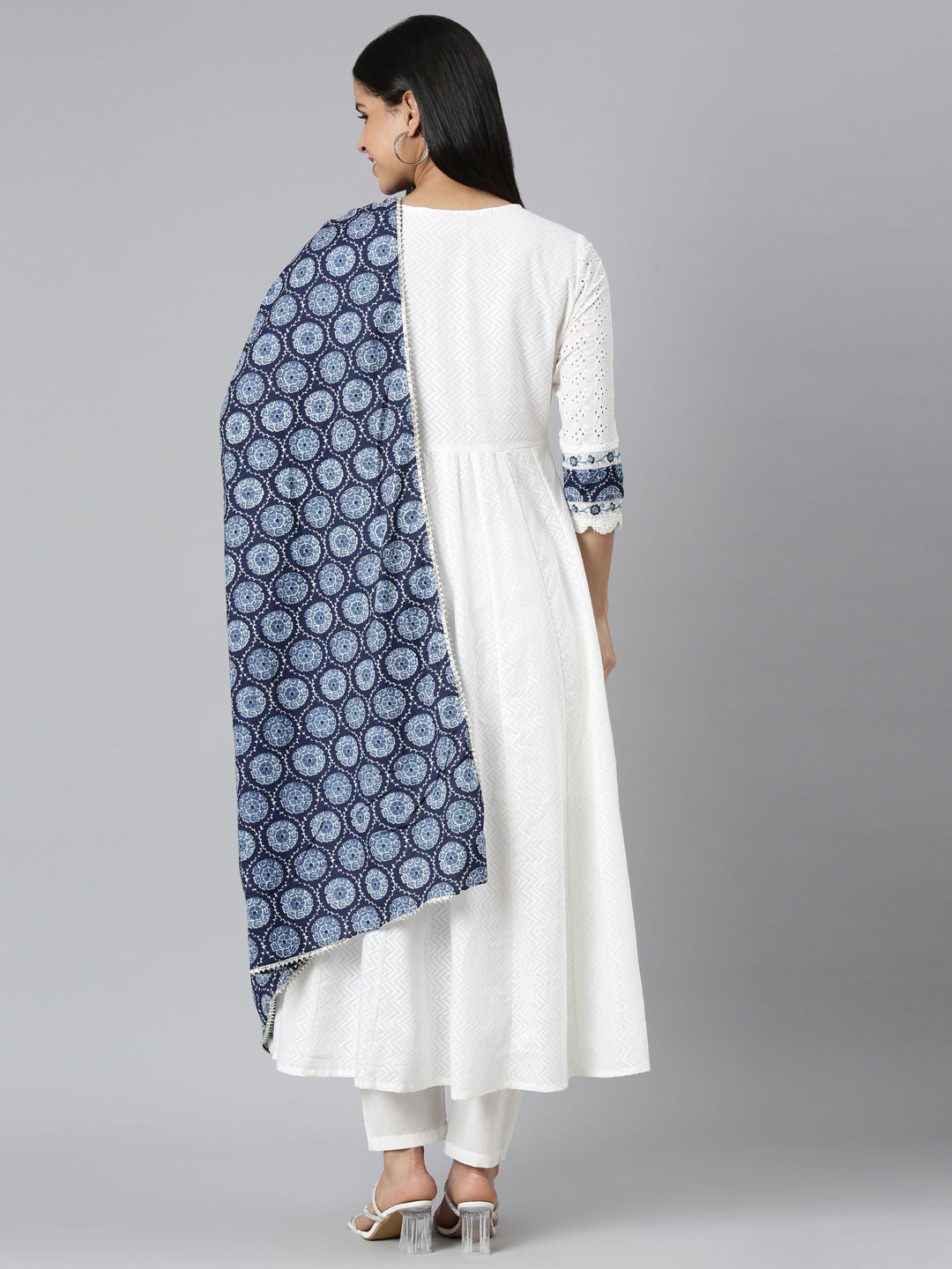 Neerus White cotton solid pleated suit set - side view