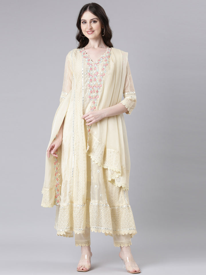 Neerus Beige Solid Anarkali Kurta and Trousers With Dupatta