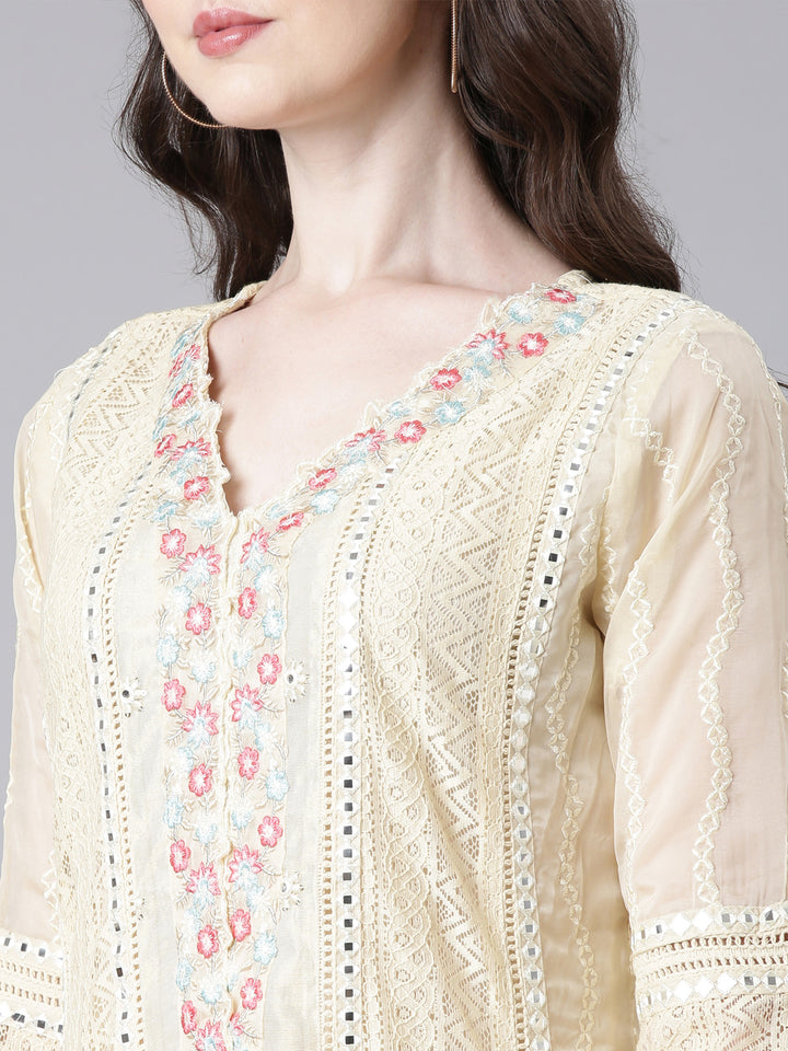 Neerus Beige Solid Anarkali Kurta and Trousers With Dupatta