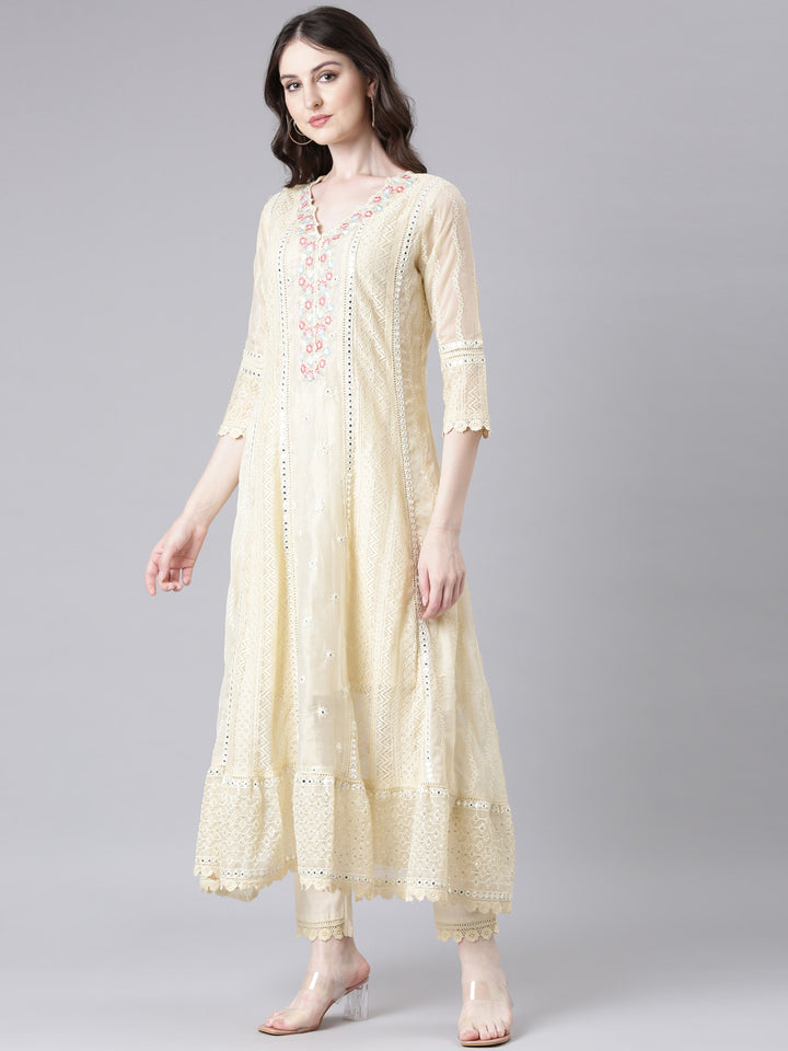 Neerus Beige Solid Anarkali Kurta and Trousers With Dupatta