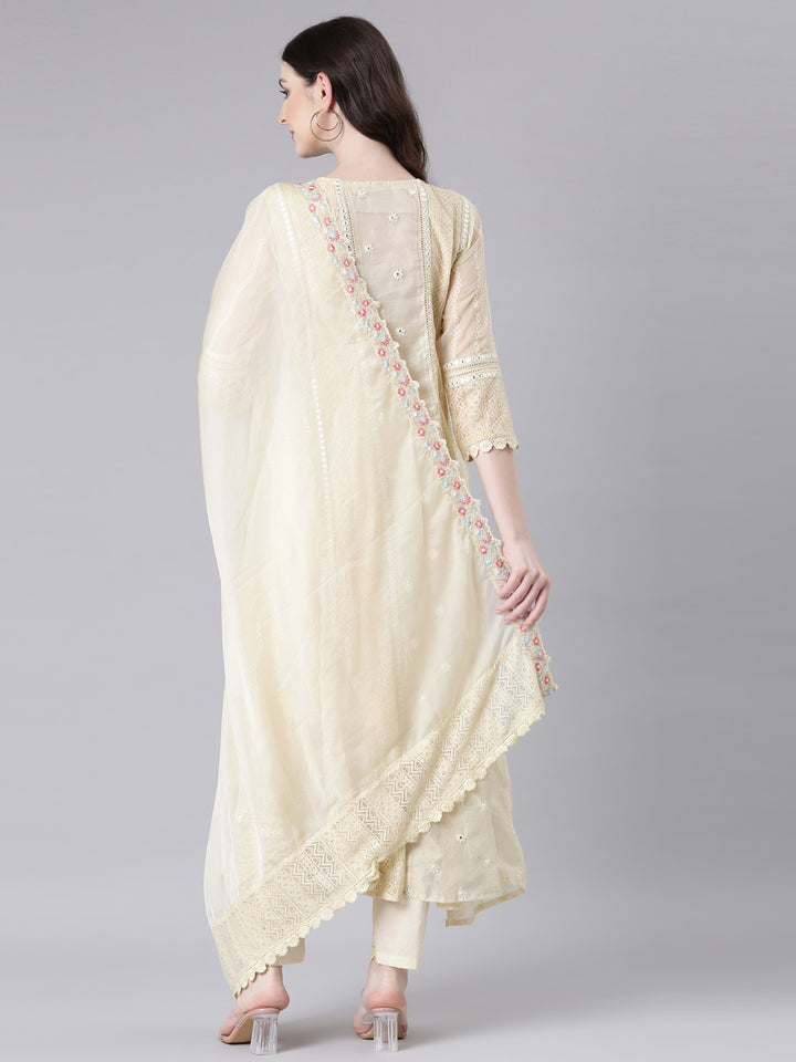 Neerus Beige Solid Anarkali Kurta and Trousers With Dupatta
