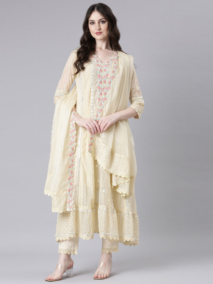 Neerus Beige Solid Anarkali Kurta and Trousers With Dupatta