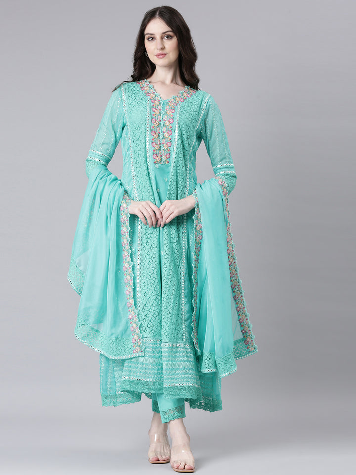Neerus Green Anarkali Kurta and Trousers With Dupatta