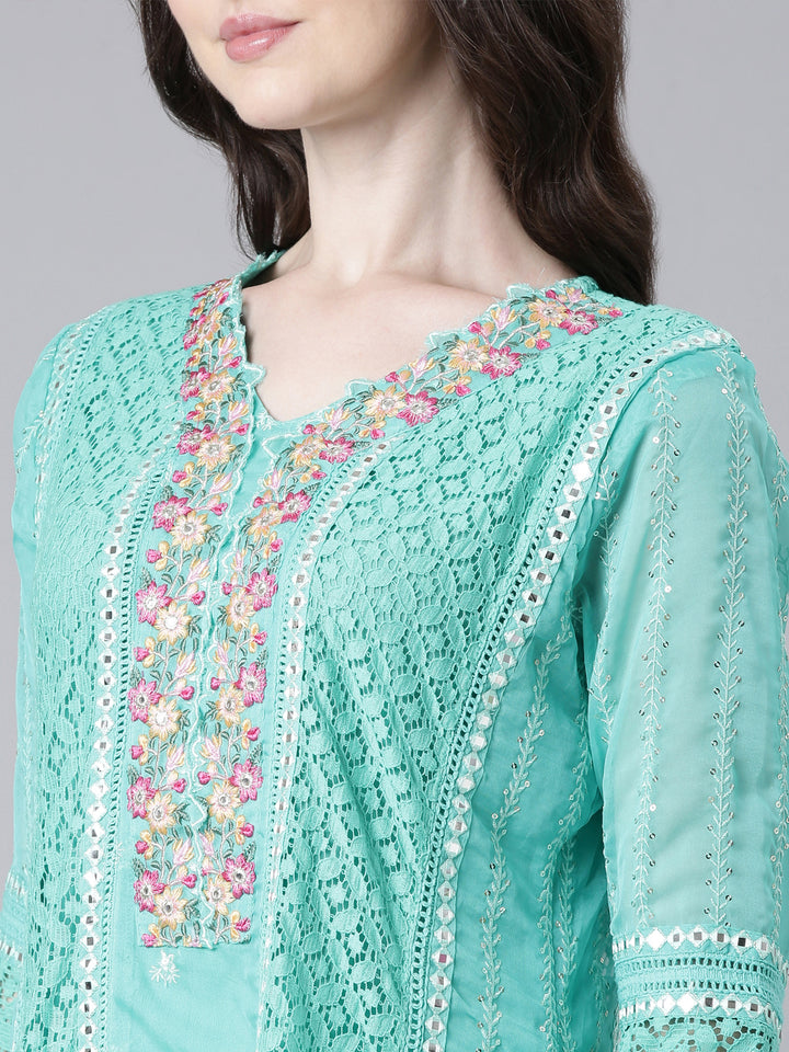 Neerus Green Anarkali Kurta and Trousers With Dupatta
