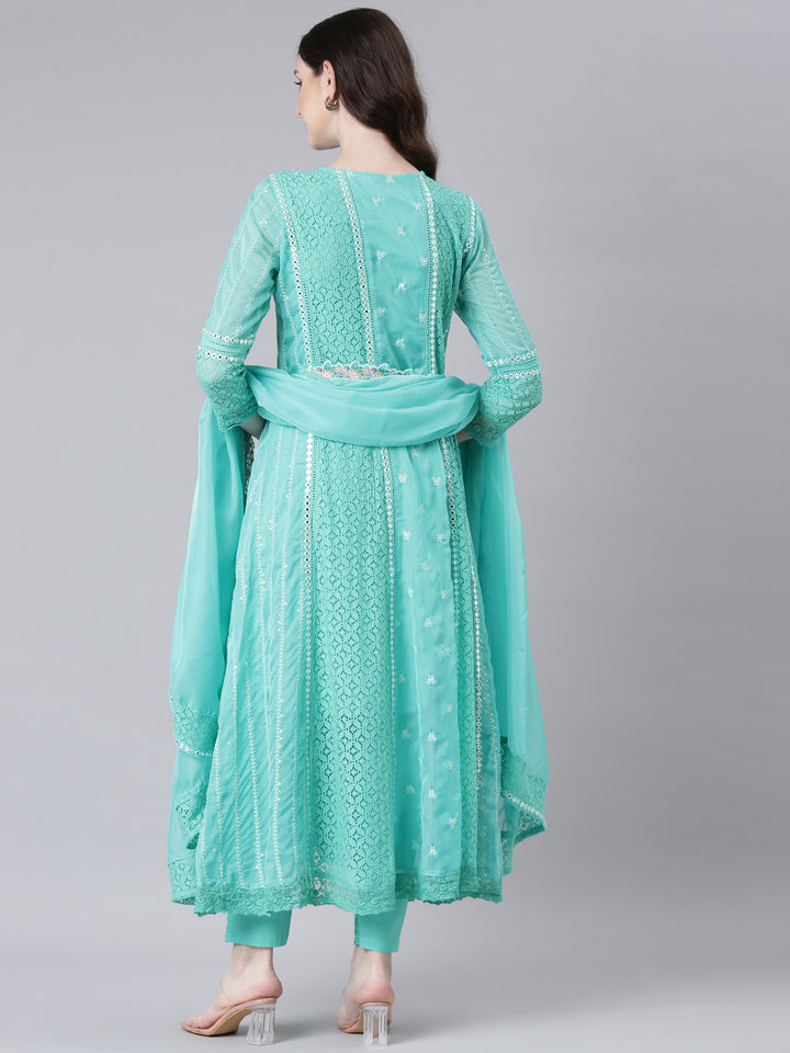 Neerus Green Anarkali Kurta and Trousers With Dupatta
