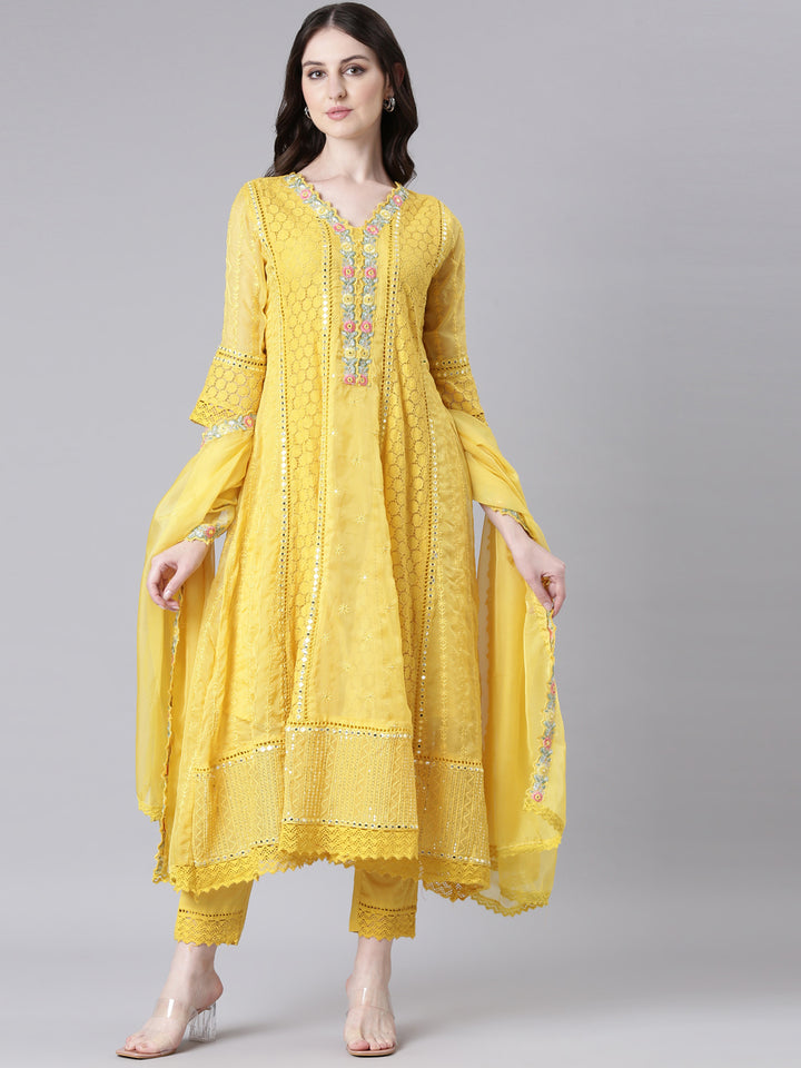 Neerus Yellow Anarkali Kurta and Trousers With Dupatta
