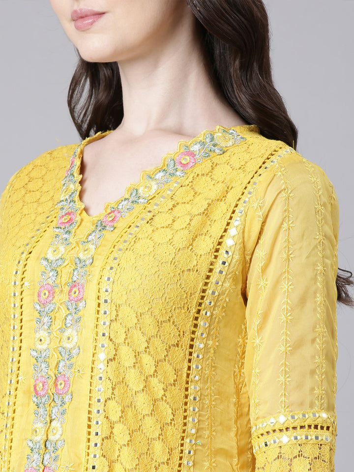 Neerus Yellow Anarkali Kurta and Trousers With Dupatta
