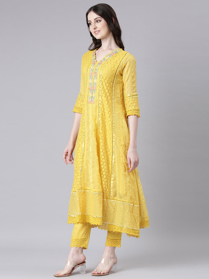 Neerus Yellow Anarkali Kurta and Trousers With Dupatta