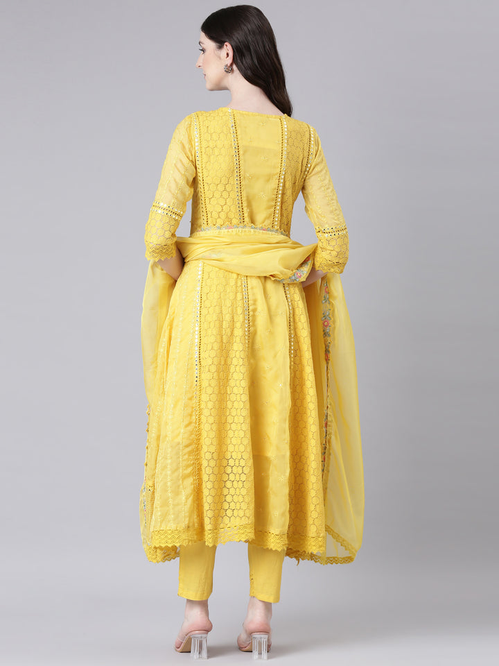 Neerus Yellow Anarkali Kurta and Trousers With Dupatta