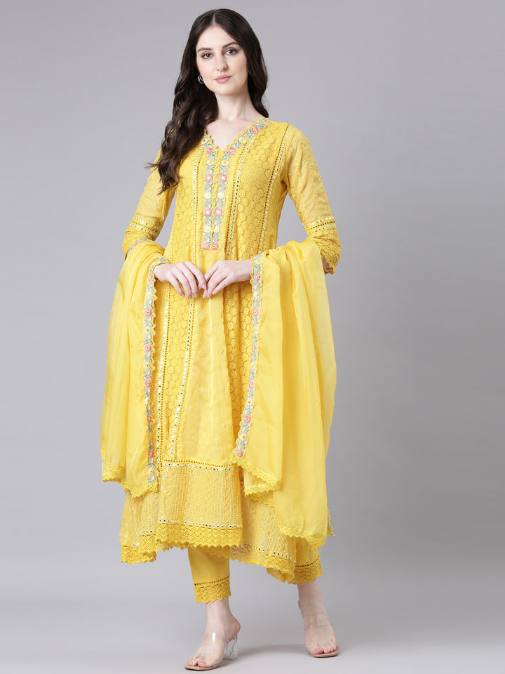 Neerus Yellow Anarkali Kurta and Trousers With Dupatta