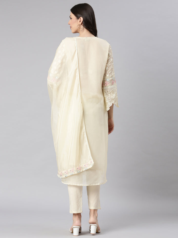 Neerus Cream Self Design Straight Kurta and Trousers With Dupatta