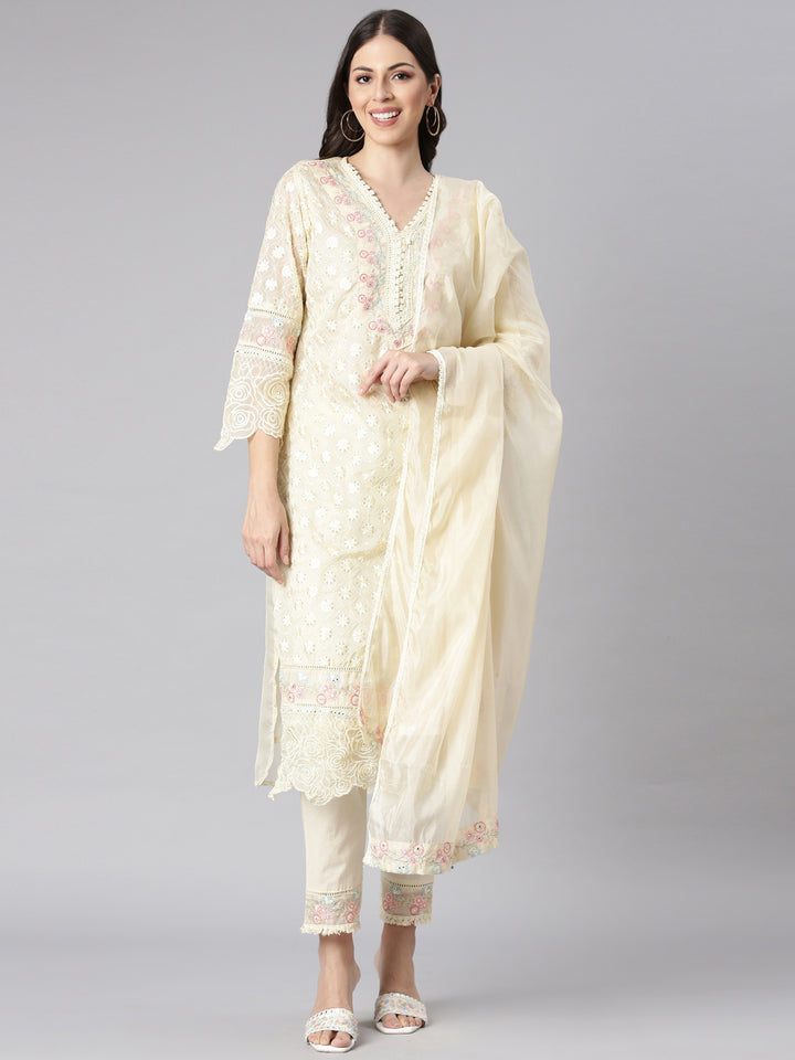 Neerus Cream Self Design Straight Kurta and Trousers With Dupatta