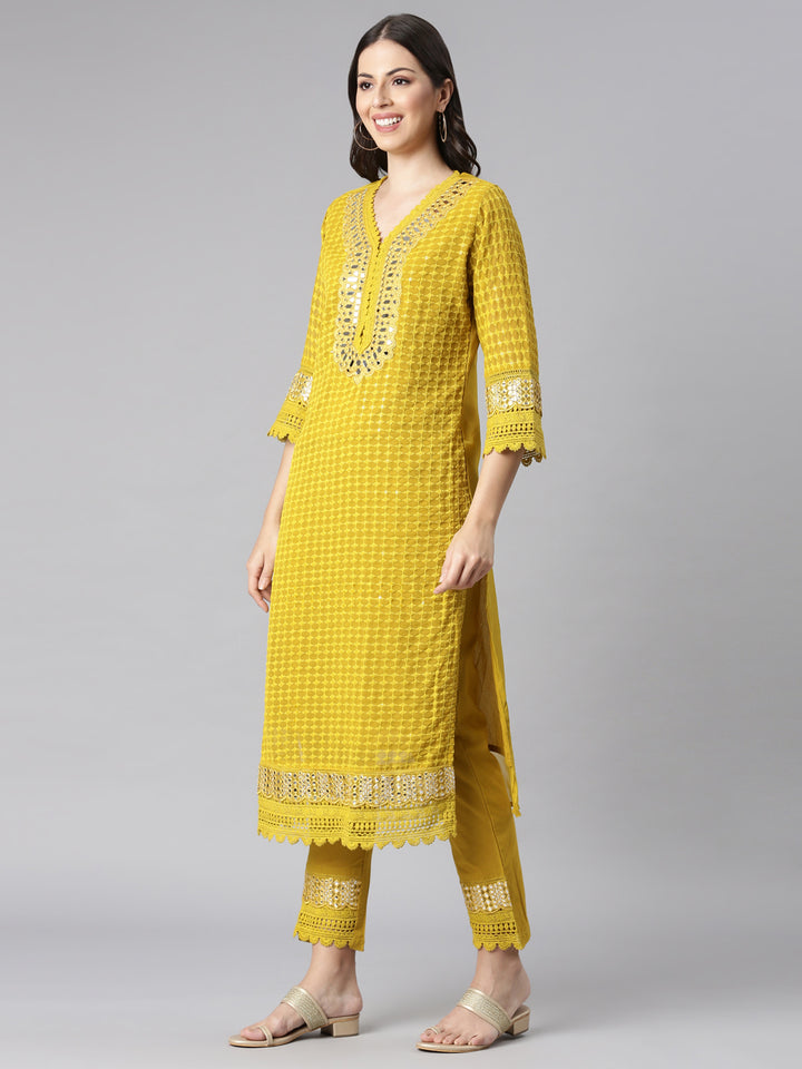 Neerus Green Solid Straight Kurta and Trousers With Dupatta