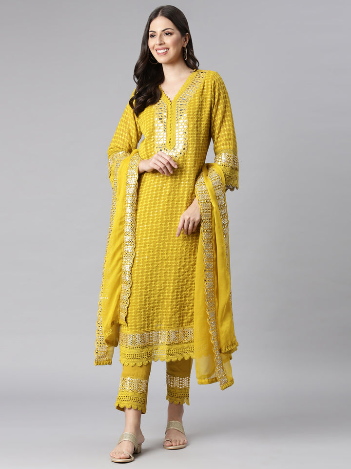 Neerus Green Solid Straight Kurta and Trousers With Dupatta