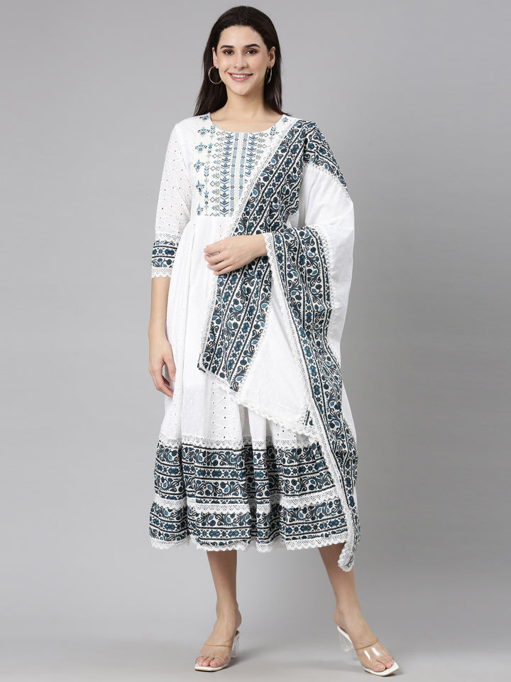 Neerus Blue printed anarkali kurti ethnic motifs - front view