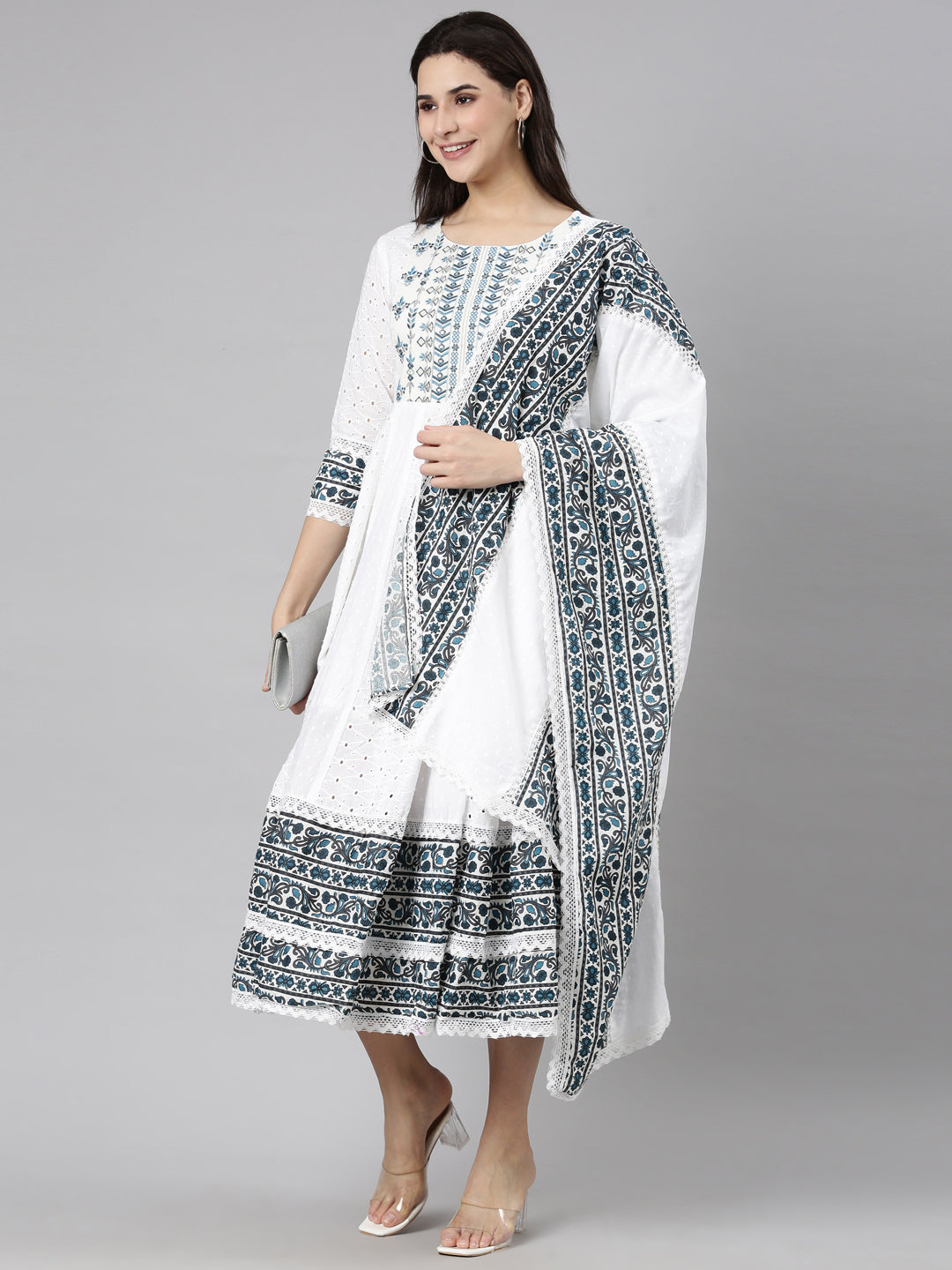 Neerus Blue printed anarkali kurti ethnic motifs - detail view 1
