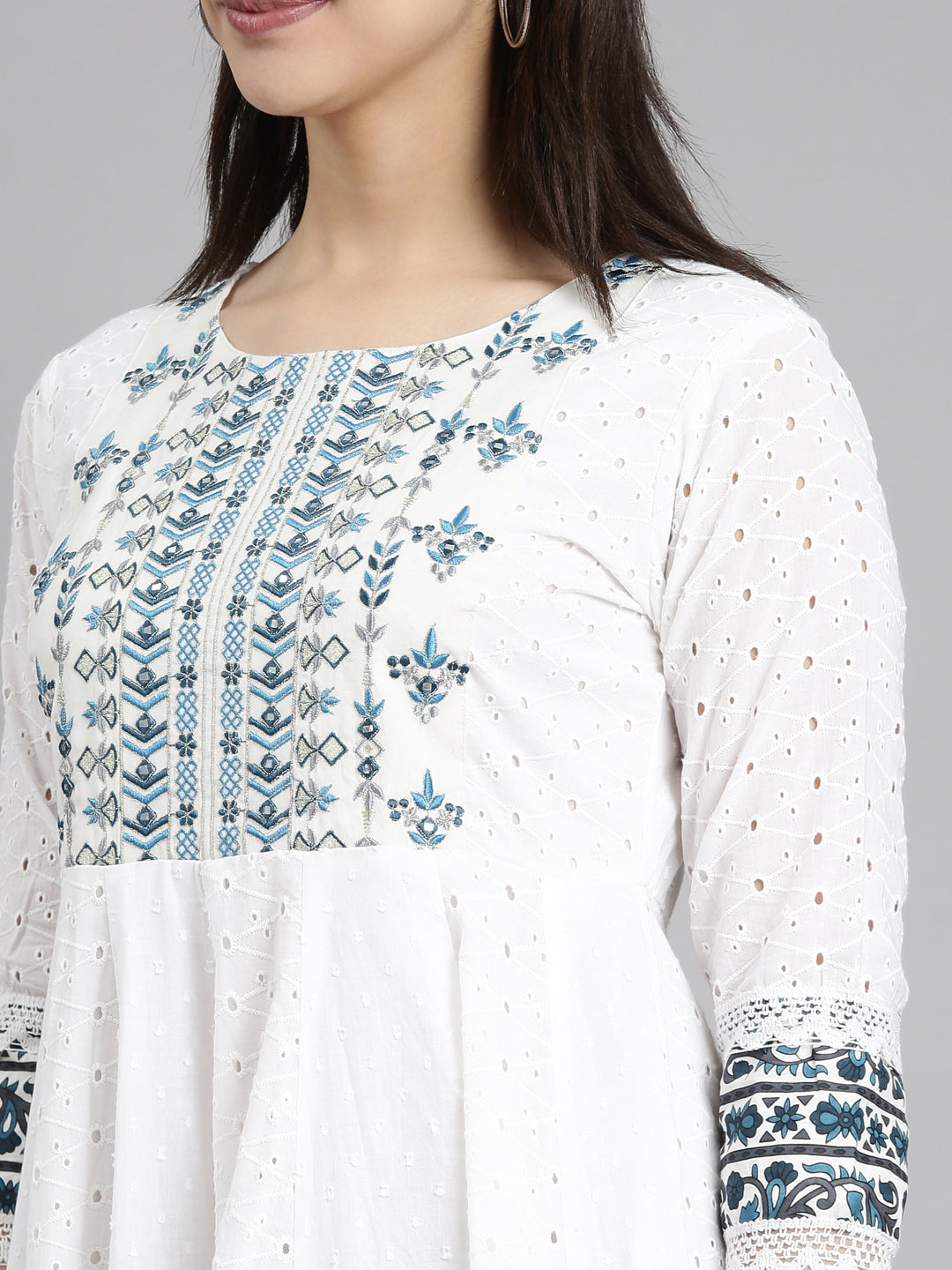 Neerus Blue printed anarkali kurti ethnic motifs - detail view 3