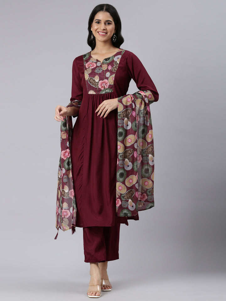 Neerus Purple Regular Straight Solid Kurta and Trousers With Dupatta