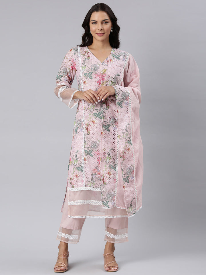 Neerus Pink cotton printed straight suit set - front view