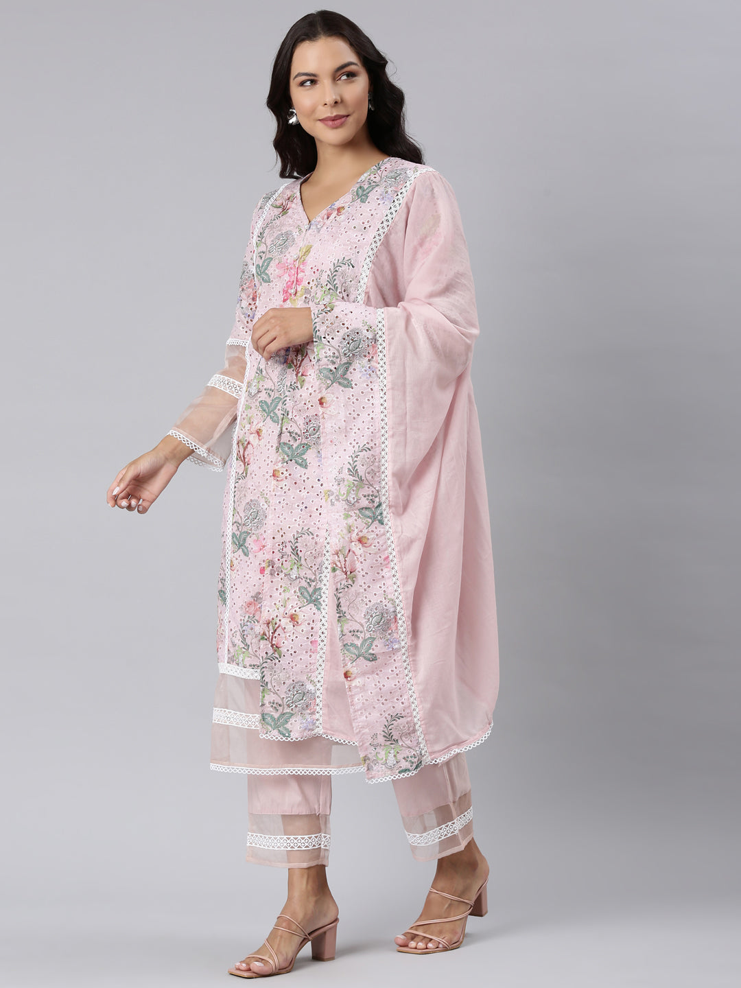 Neerus Pink cotton printed straight suit set - back view