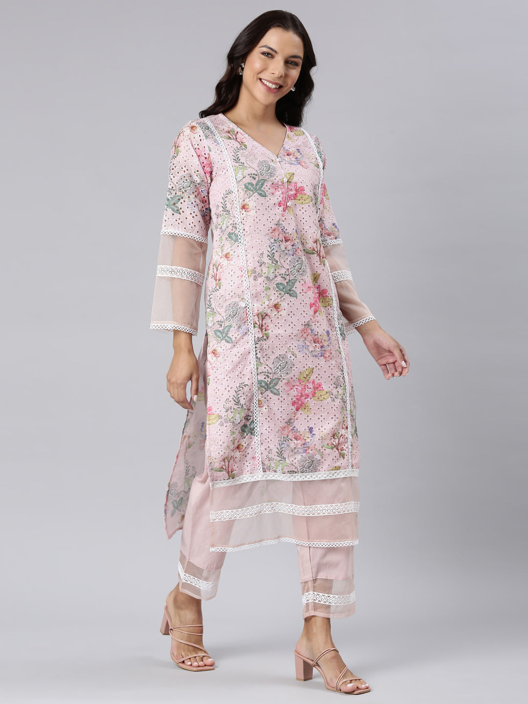 Neerus Pink cotton printed straight suit set - side view