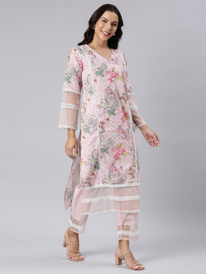 Neerus Pink cotton printed straight suit set - side view