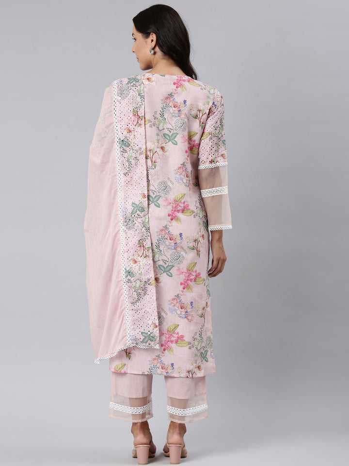 Neerus Pink cotton printed straight suit set - detail view 1