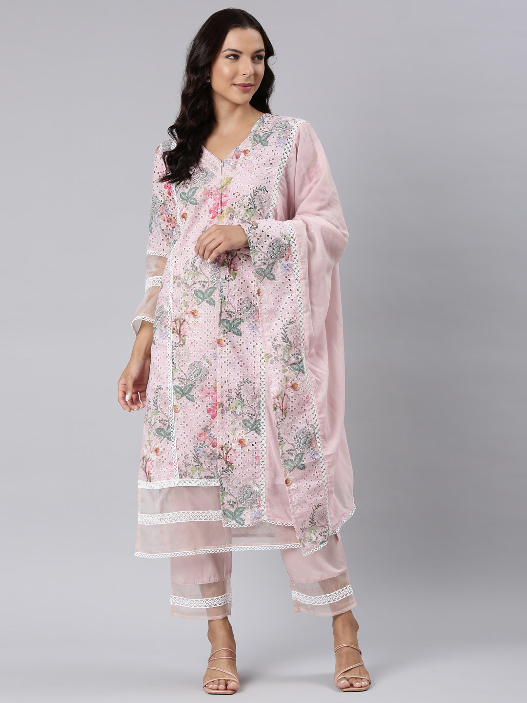 Neerus Pink cotton printed straight suit set - detail view 3