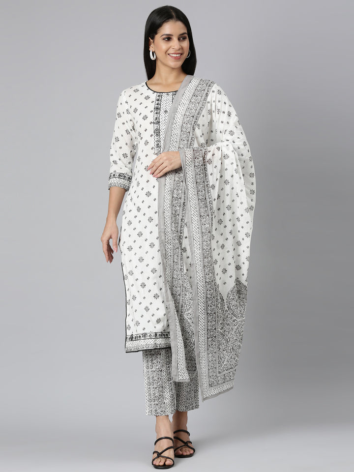 Neerus white Regular Straight Printed Kurta and Trousers With Dupatta