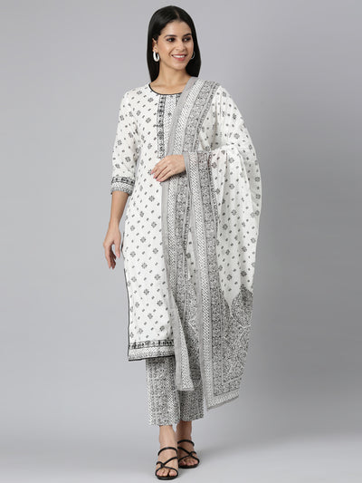 Neerus white Regular Straight Printed Kurta and Trousers With Dupatta
