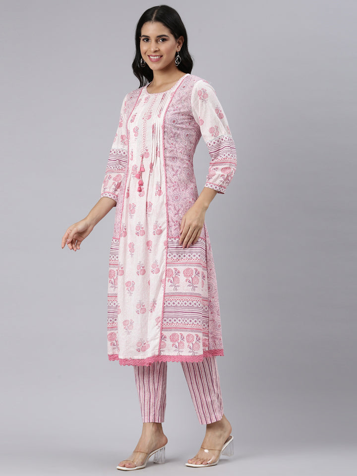Neerus Pink Regular Straight Printed Kurta and Trousers With Dupatta