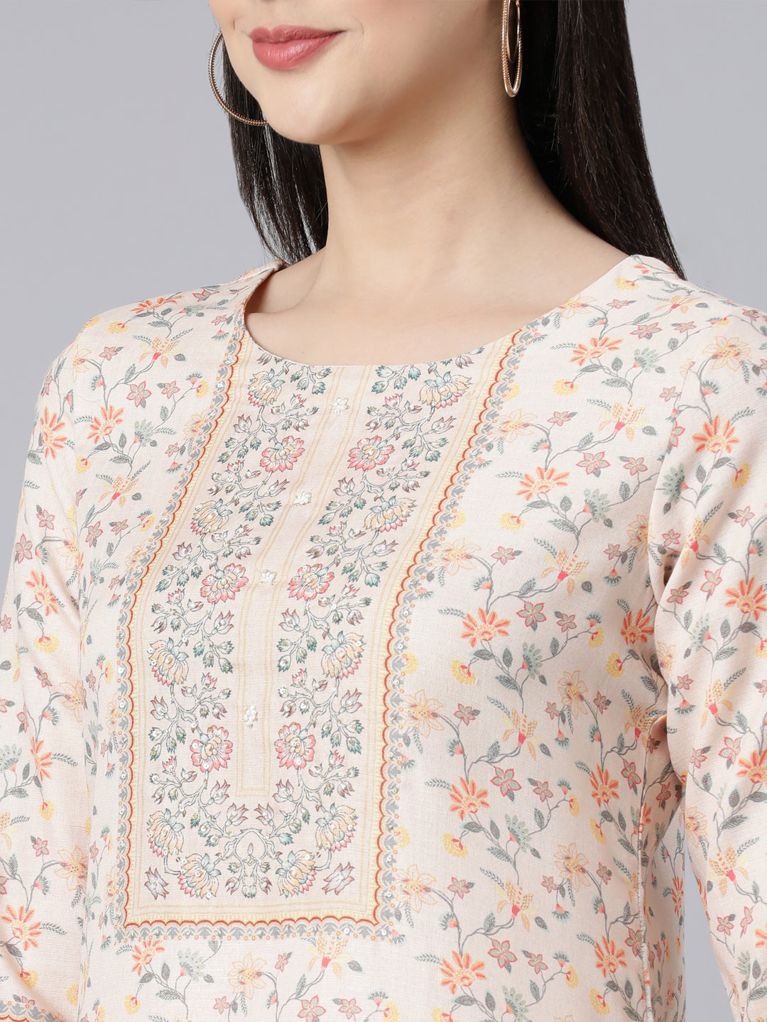 Neerus White printed straight suit set with dupatta - detail view 2