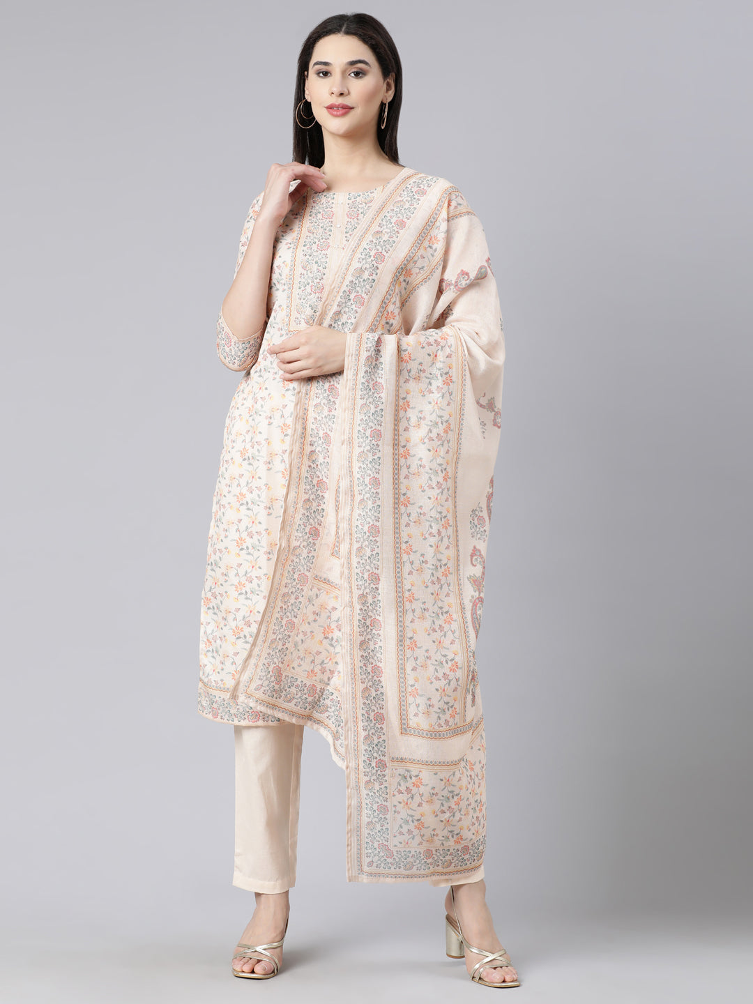 Neerus White printed straight suit set with dupatta - front view