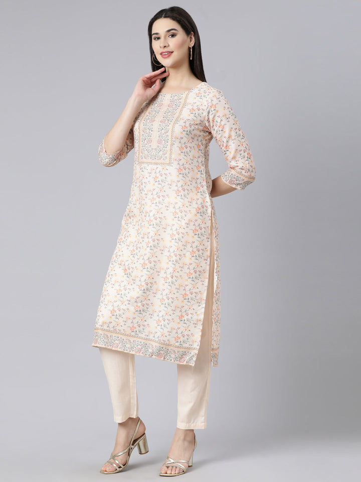 Neerus White printed straight suit set with dupatta - back view