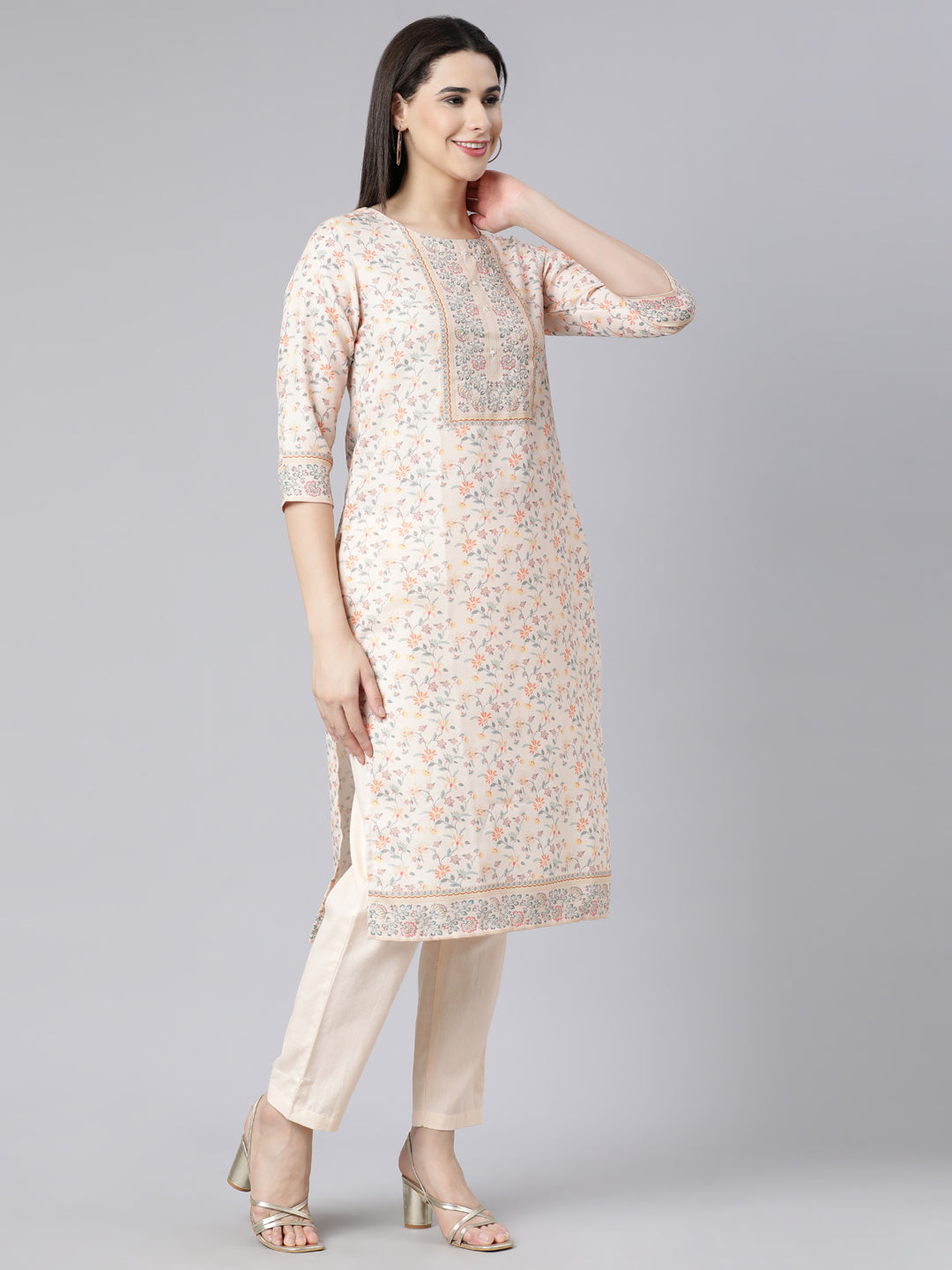 Neerus White printed straight suit set with dupatta - side view