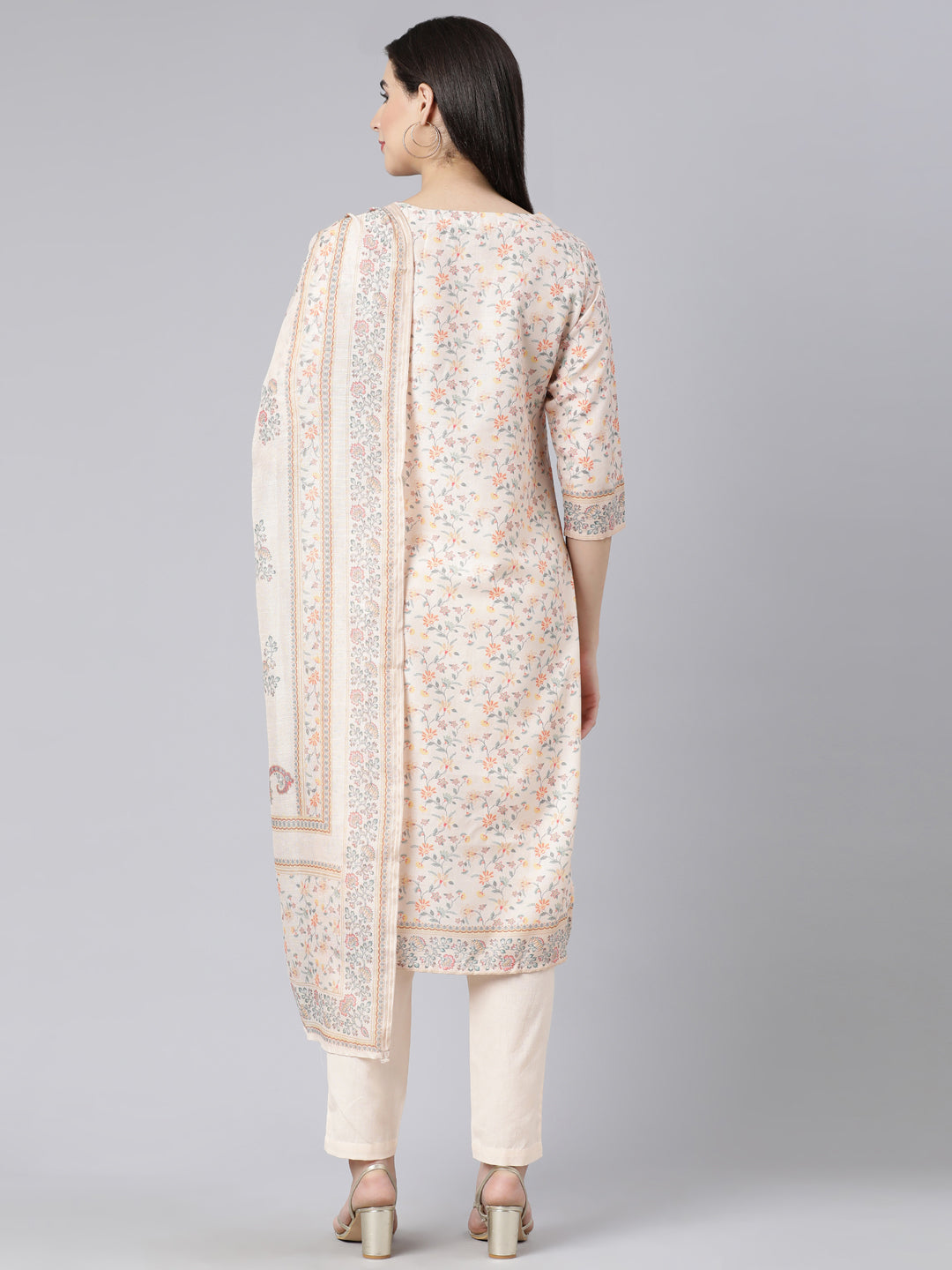 Neerus White printed straight suit set with dupatta - detail view 1