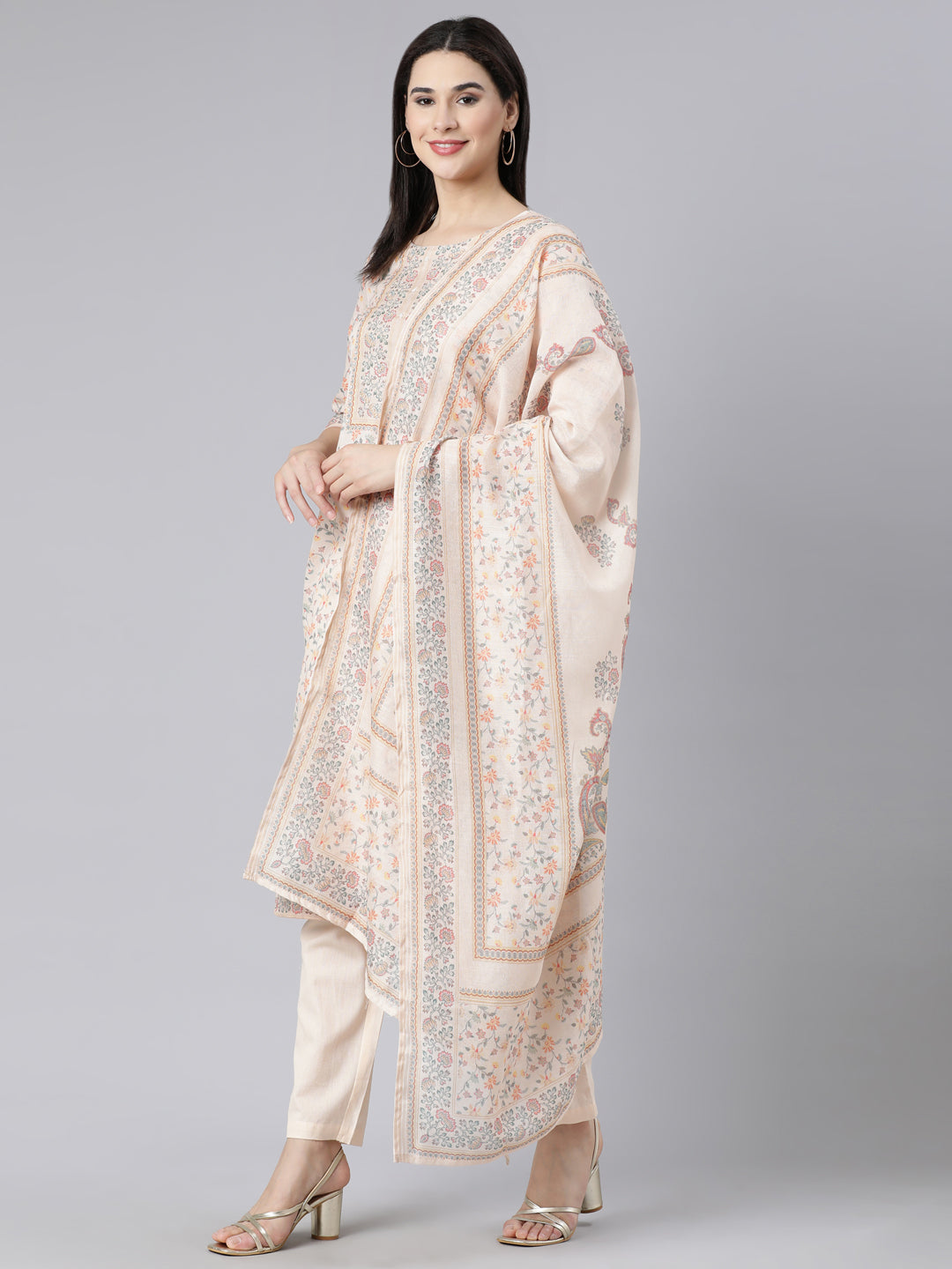 Neerus White printed straight suit set with dupatta - detail view 3