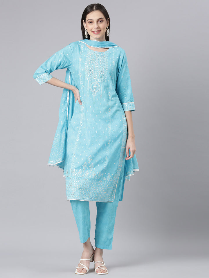 Neerus Blue Printed Straight Kurta and Trousers With Dupatta