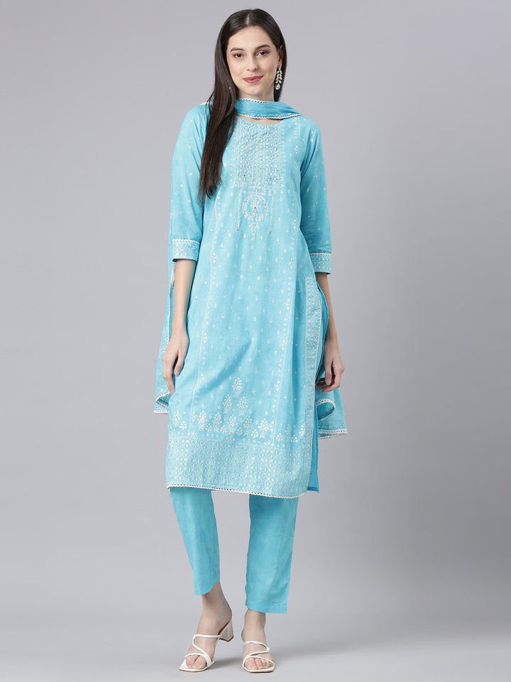 Neerus Blue Printed Straight Kurta and Trousers With Dupatta