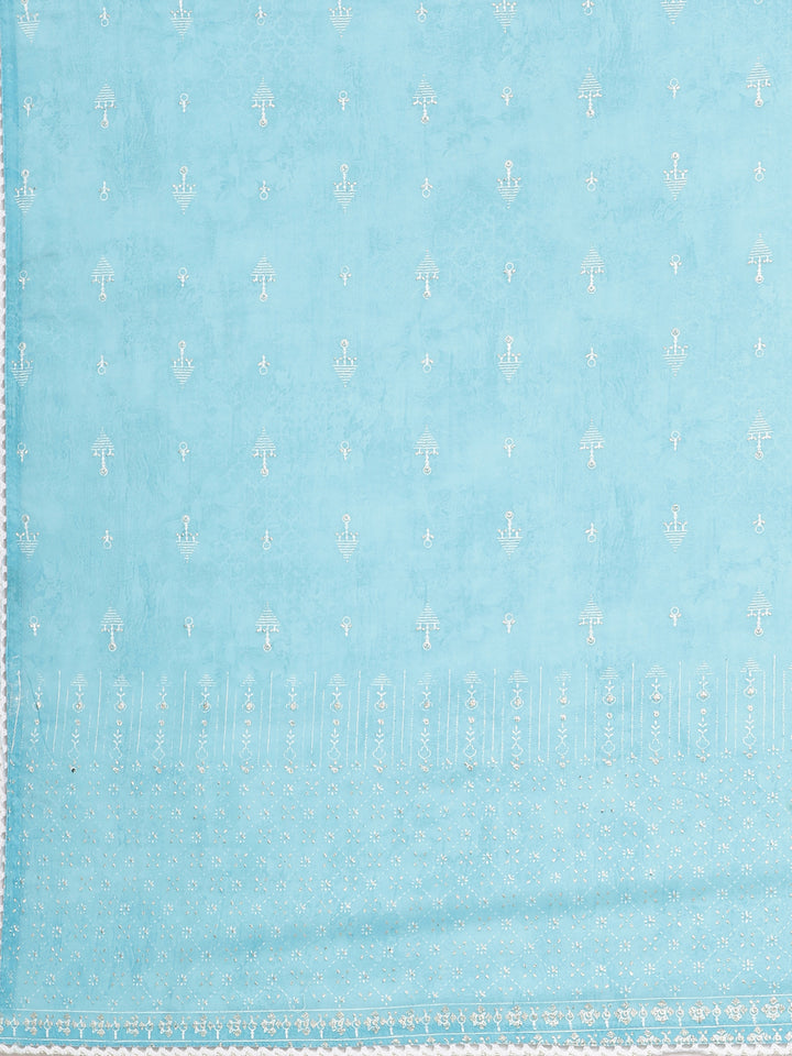 Neerus Blue Printed Straight Kurta and Trousers With Dupatta