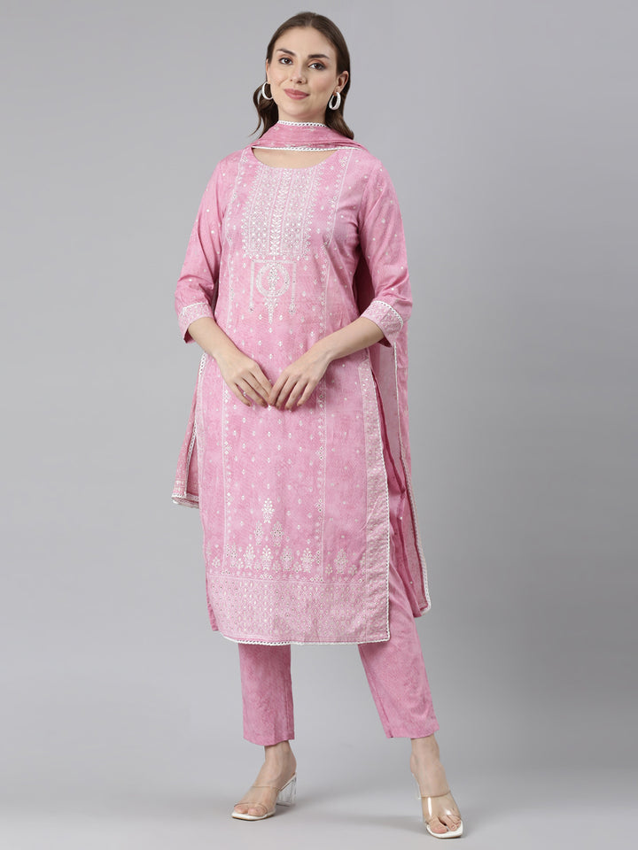 Neerus Pink cotton printed suit set - front view