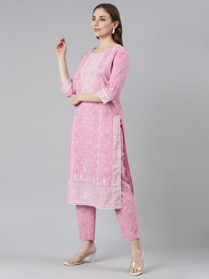 Neerus Pink cotton printed suit set - back view