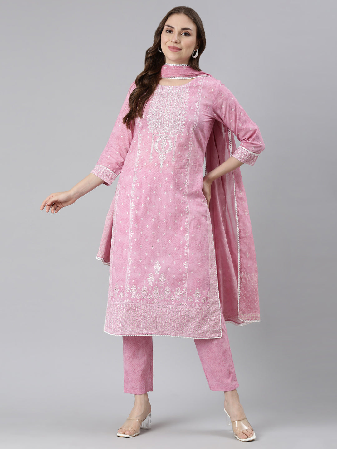 Neerus Pink cotton printed suit set - detail view 2