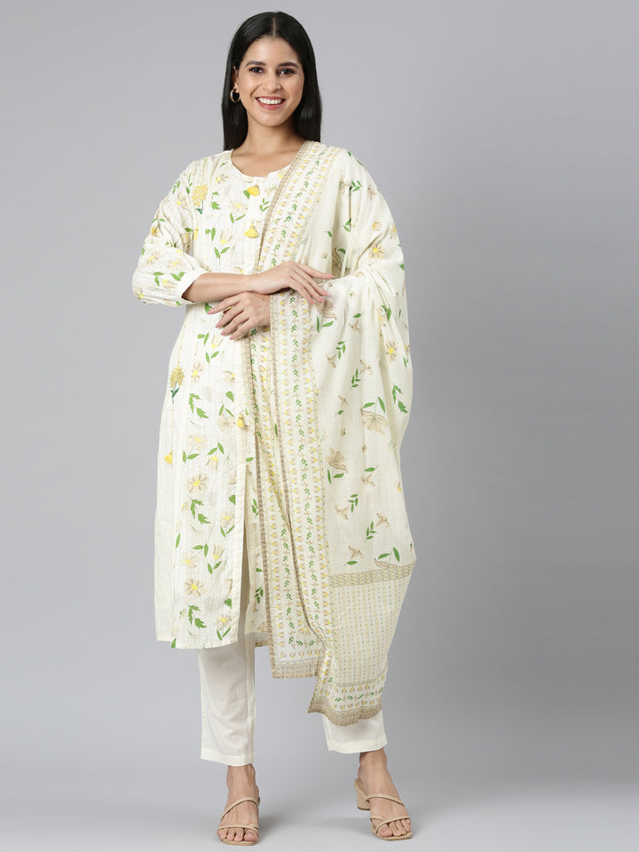 Neerus White printed straight suit set - front view