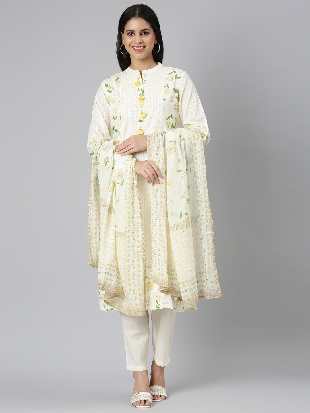 Neerus Beige cotton printed suit set - front view